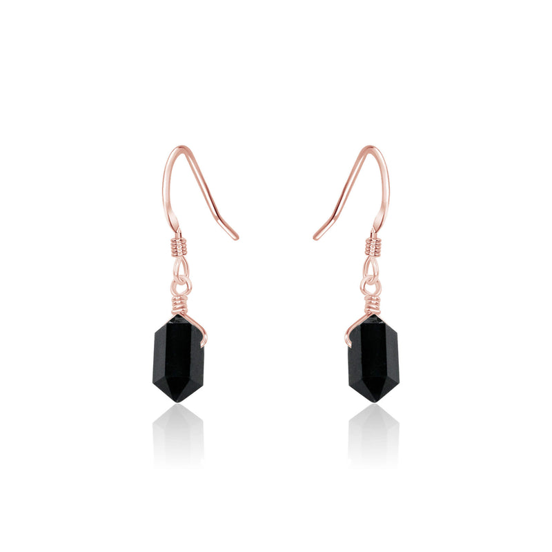 Double Terminated Crystal Dangle Drop Earrings - Black Tourmaline - 14K Rose Gold Fill - Luna Tide Handmade Jewellery