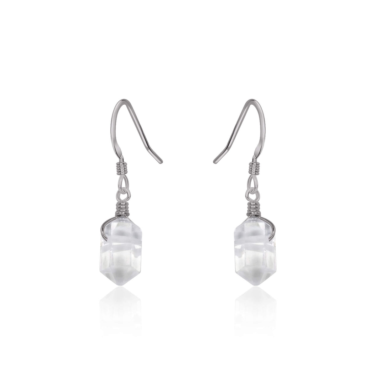 Double Terminated Crystal Dangle Drop Earrings - Crystal Quartz - Stainless Steel - Luna Tide Handmade Jewellery