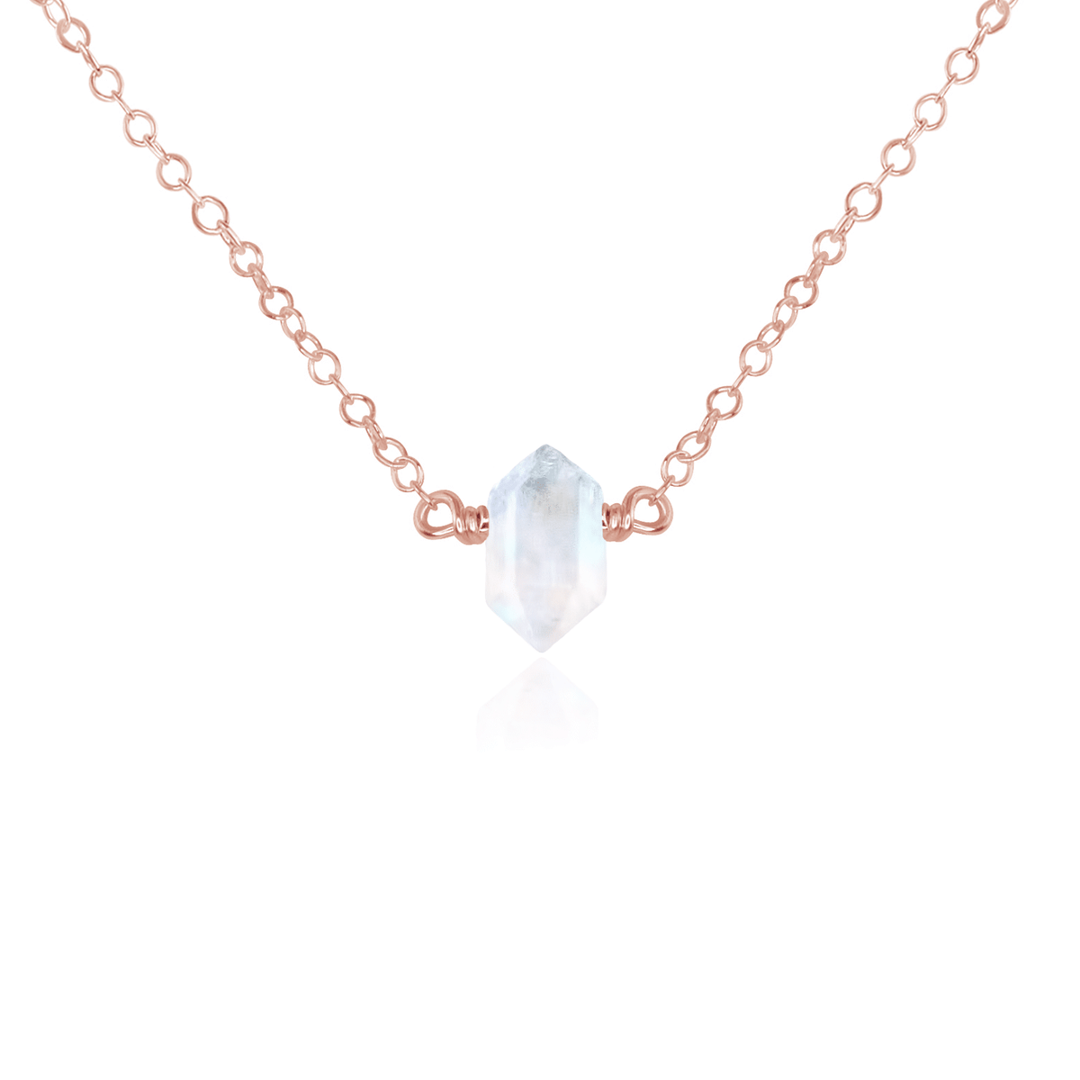 Double Terminated Crystal Necklace - Rainbow Moonstone - 14K Rose Gold Fill - Luna Tide Handmade Jewellery