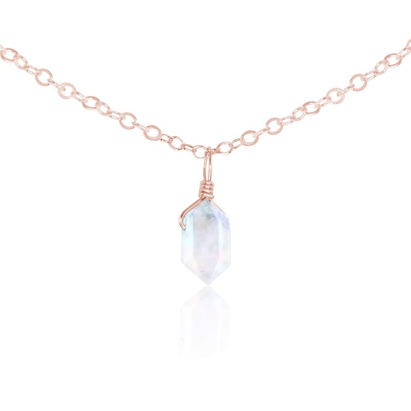 Double Terminated Crystal Pendant Choker - Rainbow Moonstone - 14K Rose Gold Fill - Luna Tide Handmade Jewellery