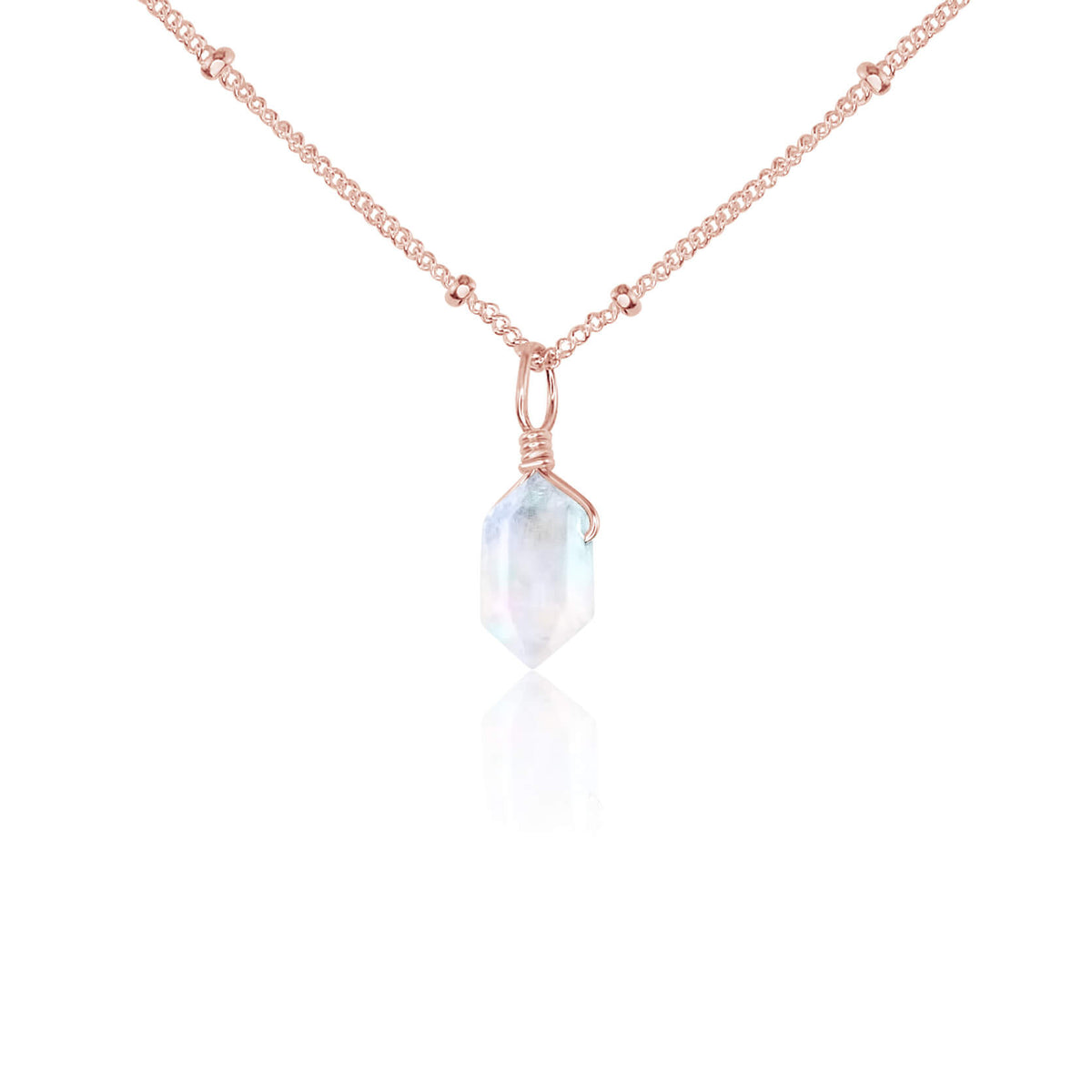 Double Terminated Crystal Pendant Necklace - Rainbow Moonstone - 14K Rose Gold Fill Satellite - Luna Tide Handmade Jewellery
