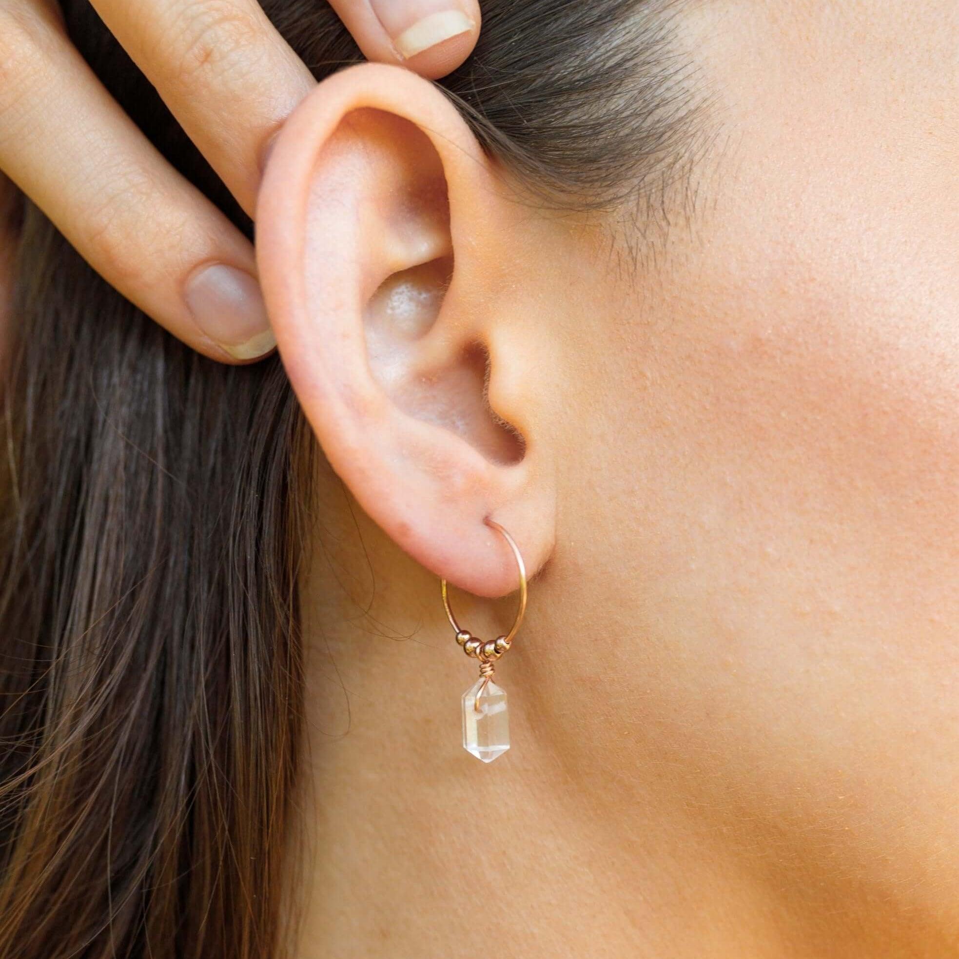 Double Terminated Crystal Quartz Mini Crystal Point Dangle Hoop Earrings - Double Terminated Crystal Quartz Mini Crystal Point Dangle Hoop Earrings - 14k Gold Fill - Luna Tide Handmade Crystal Jewellery