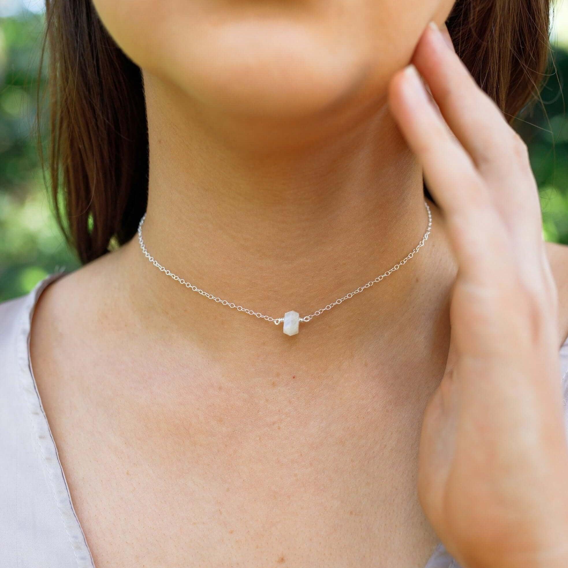 Double Terminated Rainbow Moonstone Mini Crystal Point Choker Necklace - Double Terminated Rainbow Moonstone Mini Crystal Point Choker Necklace - 14k Gold Fill - Luna Tide Handmade Crystal Jewellery