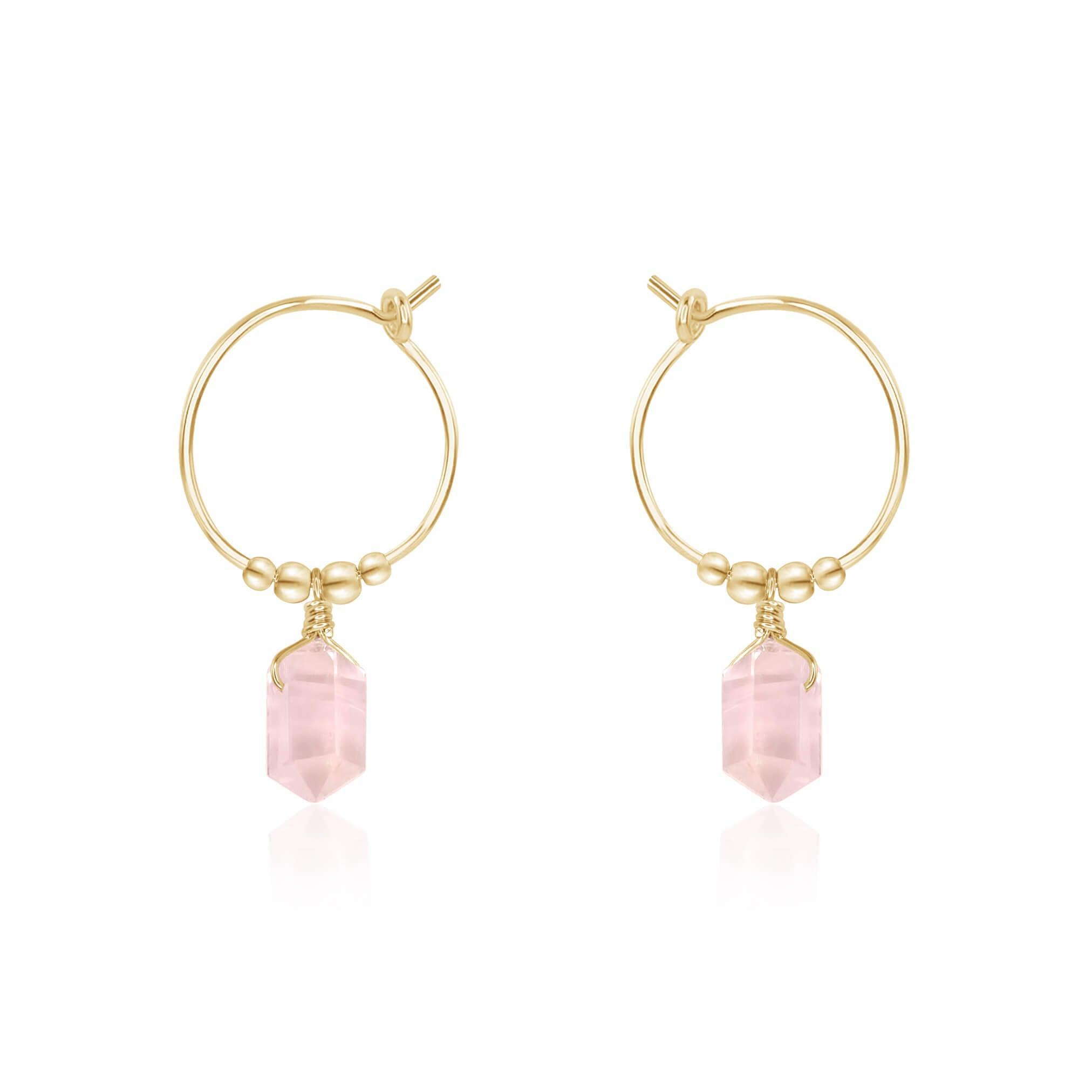 Double Terminated Rose Quartz Mini Crystal Point Dangle Hoop Earrings - Double Terminated Rose Quartz Mini Crystal Point Dangle Hoop Earrings - 14k Gold Fill - Luna Tide Handmade Crystal Jewellery