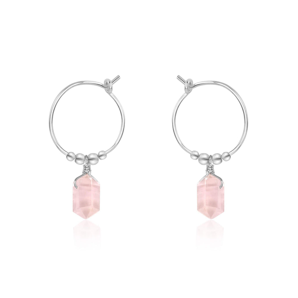 Double Terminated Rose Quartz Mini Crystal Point Dangle Hoop Earrings - Double Terminated Rose Quartz Mini Crystal Point Dangle Hoop Earrings - Sterling Silver - Luna Tide Handmade Crystal Jewellery