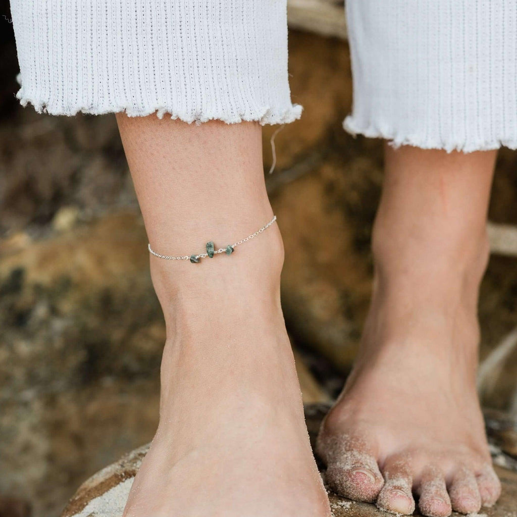 Emerald Beaded Chain Anklet - Emerald Beaded Chain Anklet - Sterling Silver - Luna Tide Handmade Crystal Jewellery