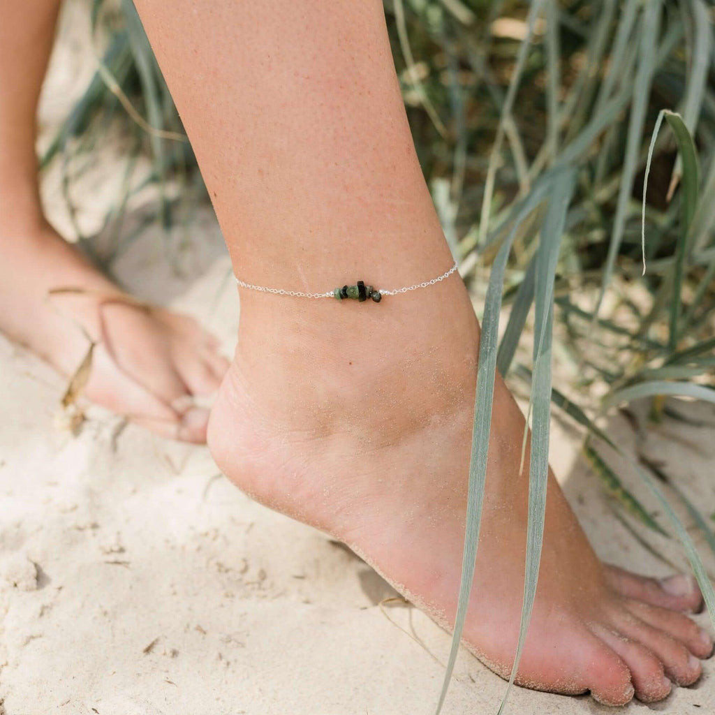 Emerald Chip Bead Bar Anklet - Emerald Chip Bead Bar Anklet - Sterling Silver - Luna Tide Handmade Crystal Jewellery