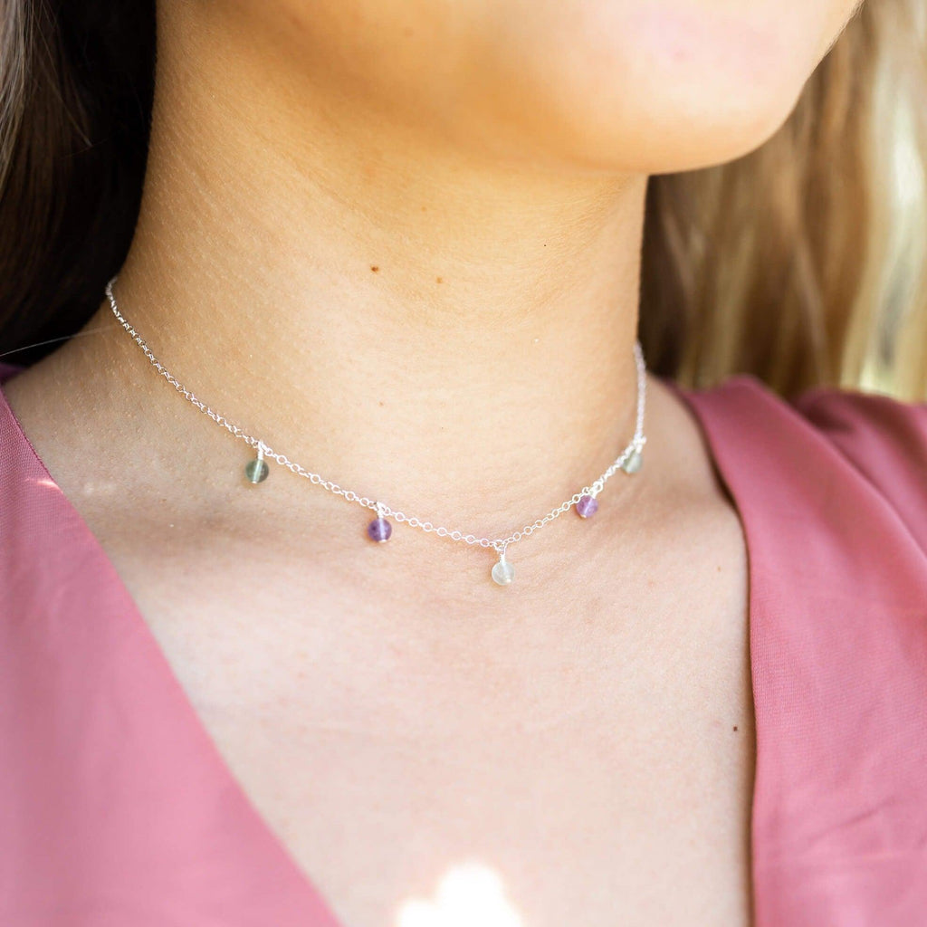 Fluorite Bead Drop Choker - Fluorite Bead Drop Choker - Sterling Silver - Luna Tide Handmade Crystal Jewellery