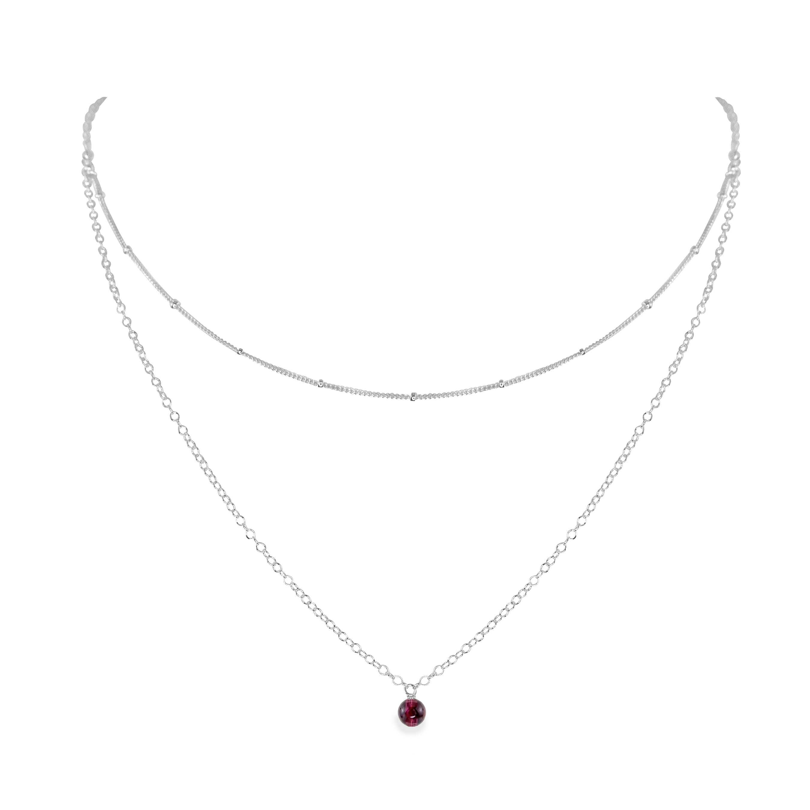 Garnet Gemstone Chain Layered Choker Necklace - Garnet Gemstone Chain Layered Choker Necklace - Sterling Silver - Luna Tide Handmade Crystal Jewellery