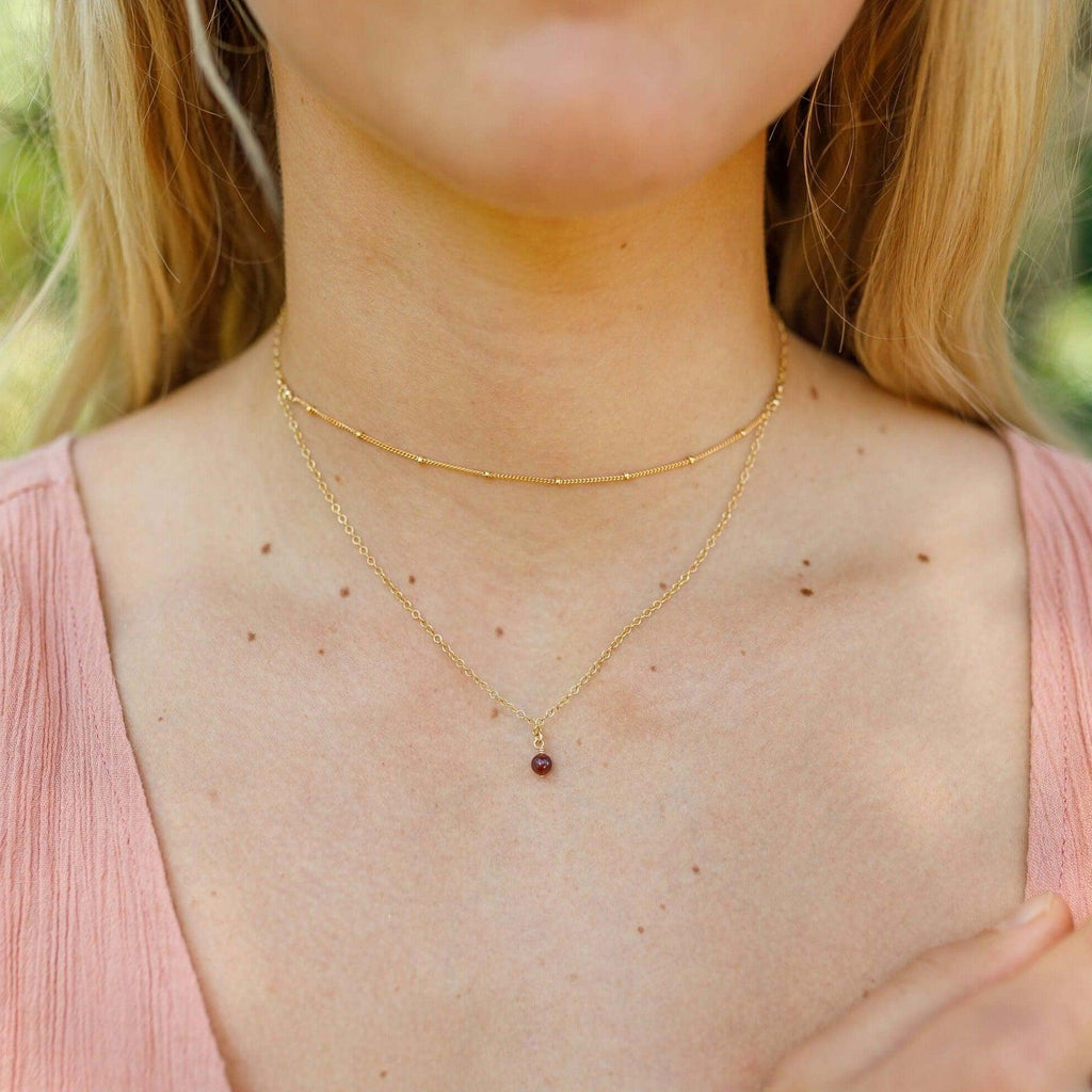 Garnet Gemstone Chain Layered Choker Necklace - Garnet Gemstone Chain Layered Choker Necklace - Sterling Silver - Luna Tide Handmade Crystal Jewellery