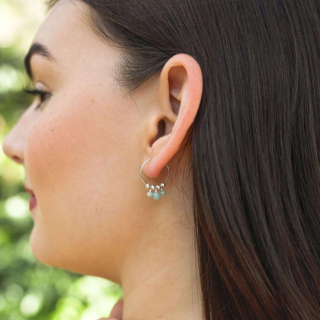 Green Amazonite Gemstone Bead Drop Hoop Earrings - Green Amazonite Gemstone Bead Drop Hoop Earrings - Sterling Silver - Luna Tide Handmade Crystal Jewellery