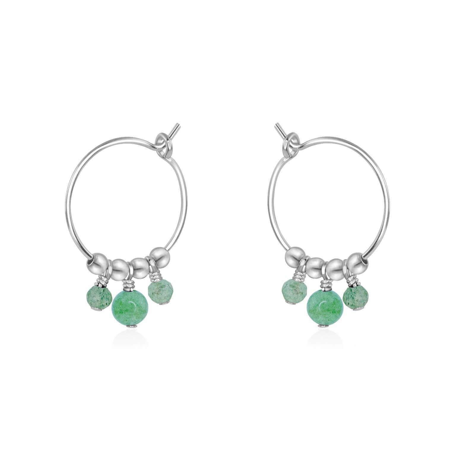 Green Aventurine Gemstone Bead Drop Hoop Earrings - Green Aventurine Gemstone Bead Drop Hoop Earrings - Sterling Silver - Luna Tide Handmade Crystal Jewellery
