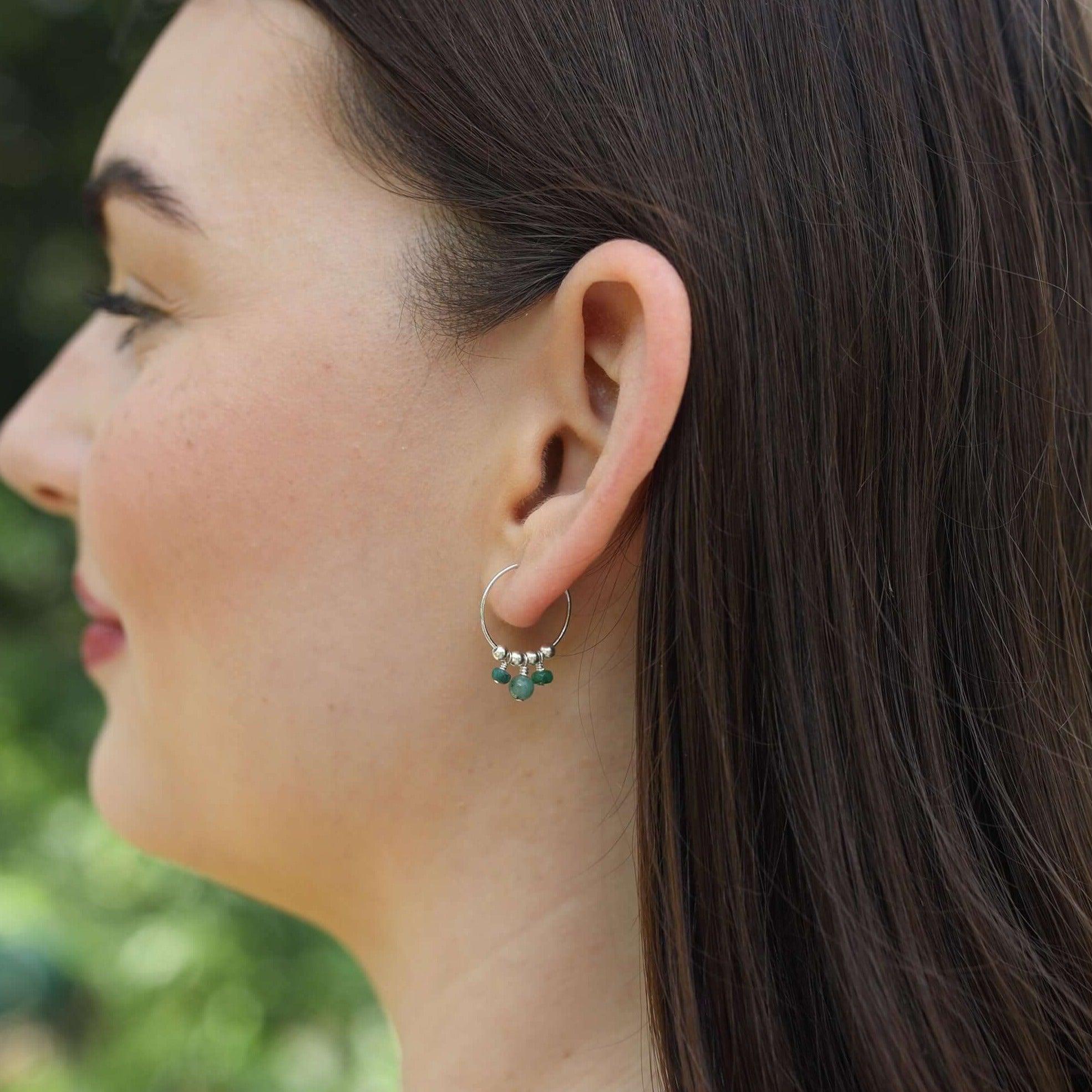 Green Emerald Gemstone Bead Drop Hoop Earrings - Green Emerald Gemstone Bead Drop Hoop Earrings - 14k Gold Fill - Luna Tide Handmade Crystal Jewellery
