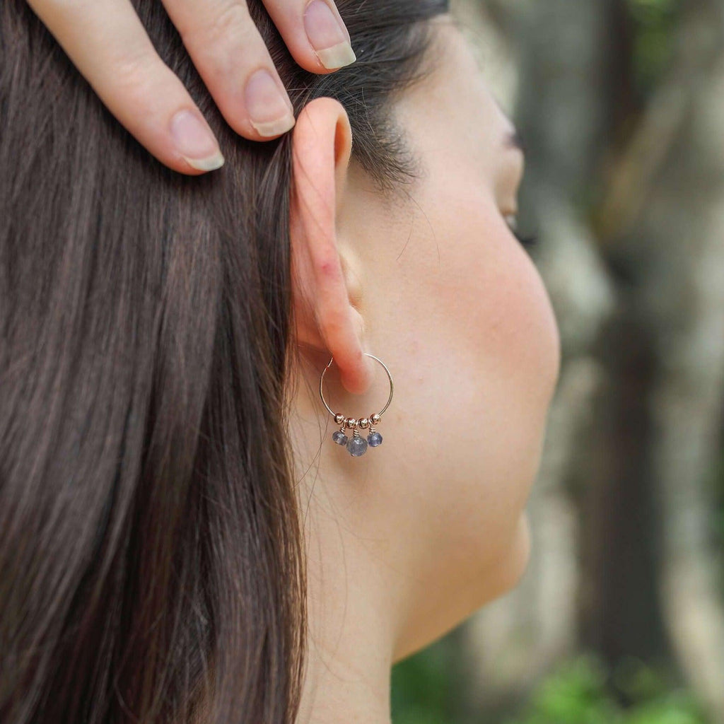 Grey Iolite Gemstone Bead Drop Hoop Earrings - Grey Iolite Gemstone Bead Drop Hoop Earrings - Sterling Silver - Luna Tide Handmade Crystal Jewellery