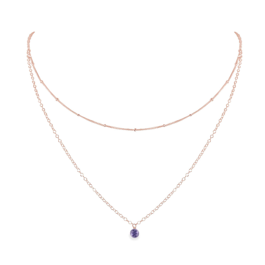 Iolite Gemstone Chain Layered Choker Necklace - Iolite Gemstone Chain Layered Choker Necklace - 14k Rose Gold Fill - Luna Tide Handmade Crystal Jewellery