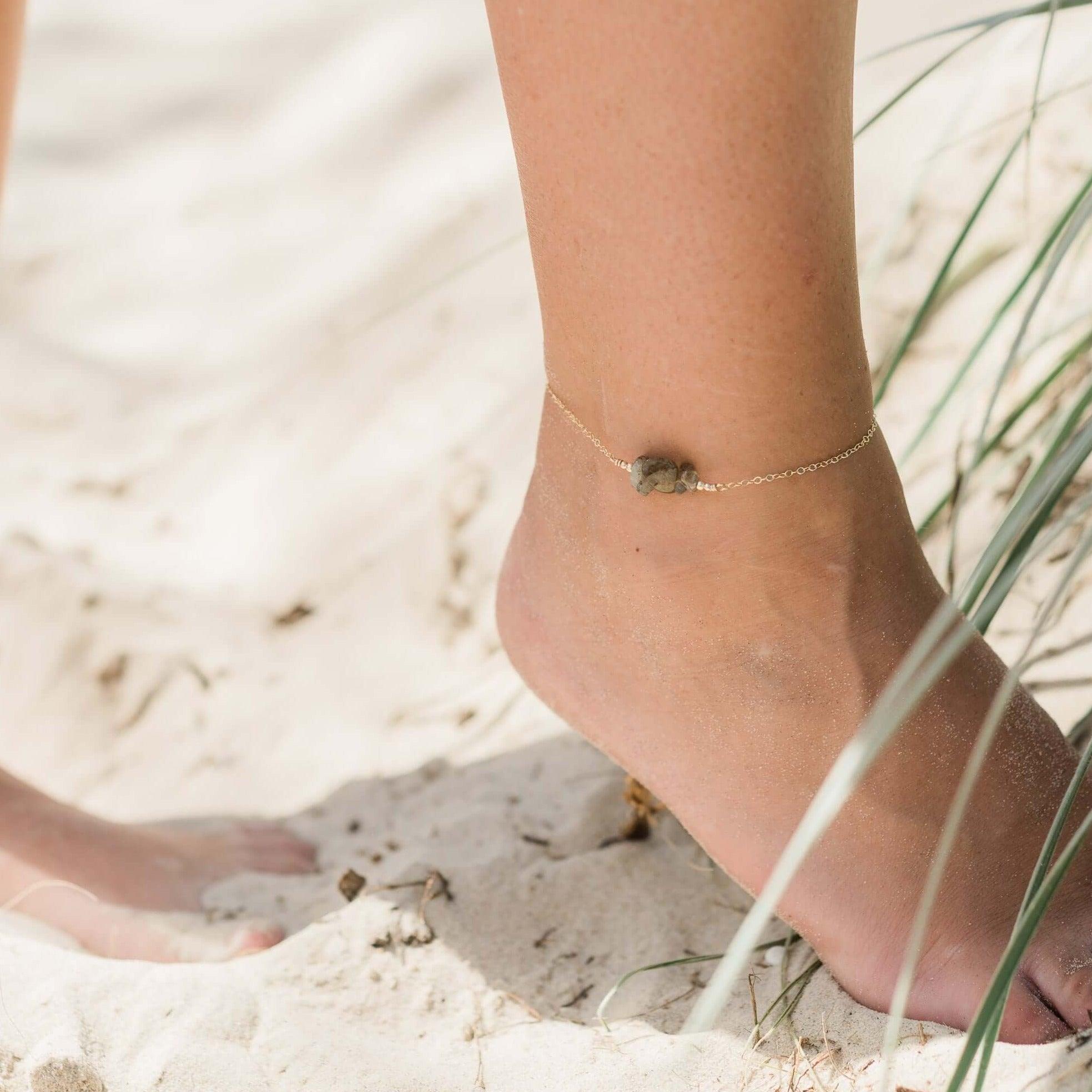 Labradorite Chip Bead Bar Anklet - Labradorite Chip Bead Bar Anklet - Sterling Silver - Luna Tide Handmade Crystal Jewellery