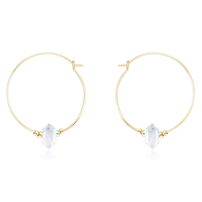 Large Double Terminated Crystal Hoop Earrings - Rainbow Moonstone - 14K Gold Fill - Luna Tide Handmade Jewellery