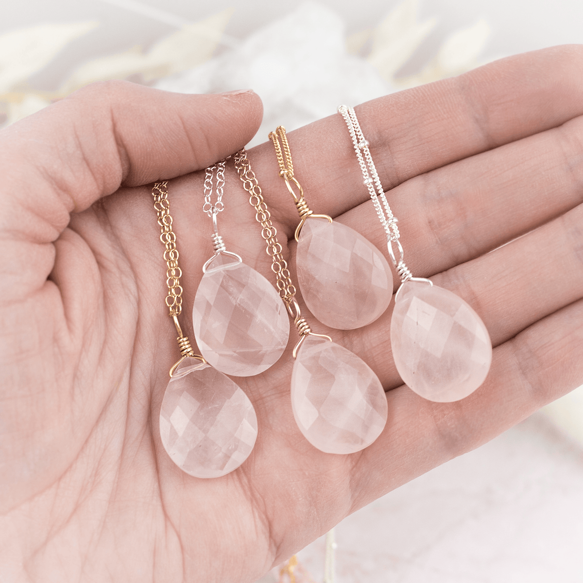 Large Rose Quartz Faceted Teardrop Crystal Pendant Necklace - Large Rose Quartz Faceted Teardrop Crystal Pendant Necklace - Sterling Silver / Cable - Luna Tide Handmade Crystal Jewellery