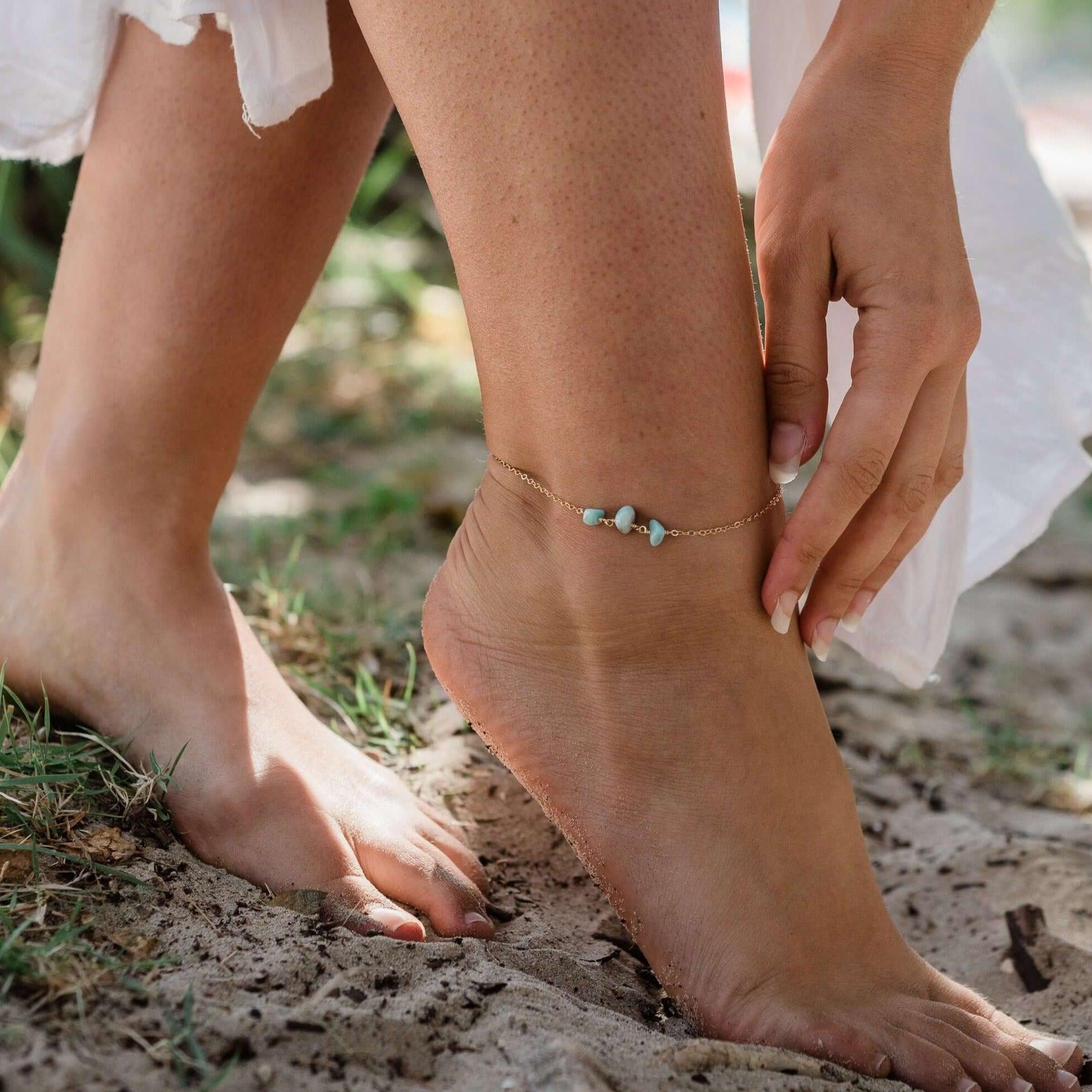 Larimar Beaded Chain Anklet - Larimar Beaded Chain Anklet - Sterling Silver - Luna Tide Handmade Crystal Jewellery