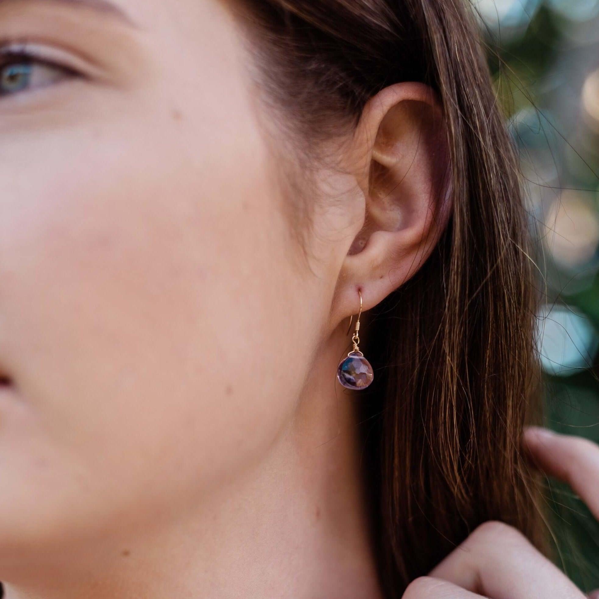Pink Amethyst Gemstone Teardrop Dangle Earrings - Pink Amethyst Gemstone Teardrop Dangle Earrings - 14k Gold Fill - Luna Tide Handmade Crystal Jewellery