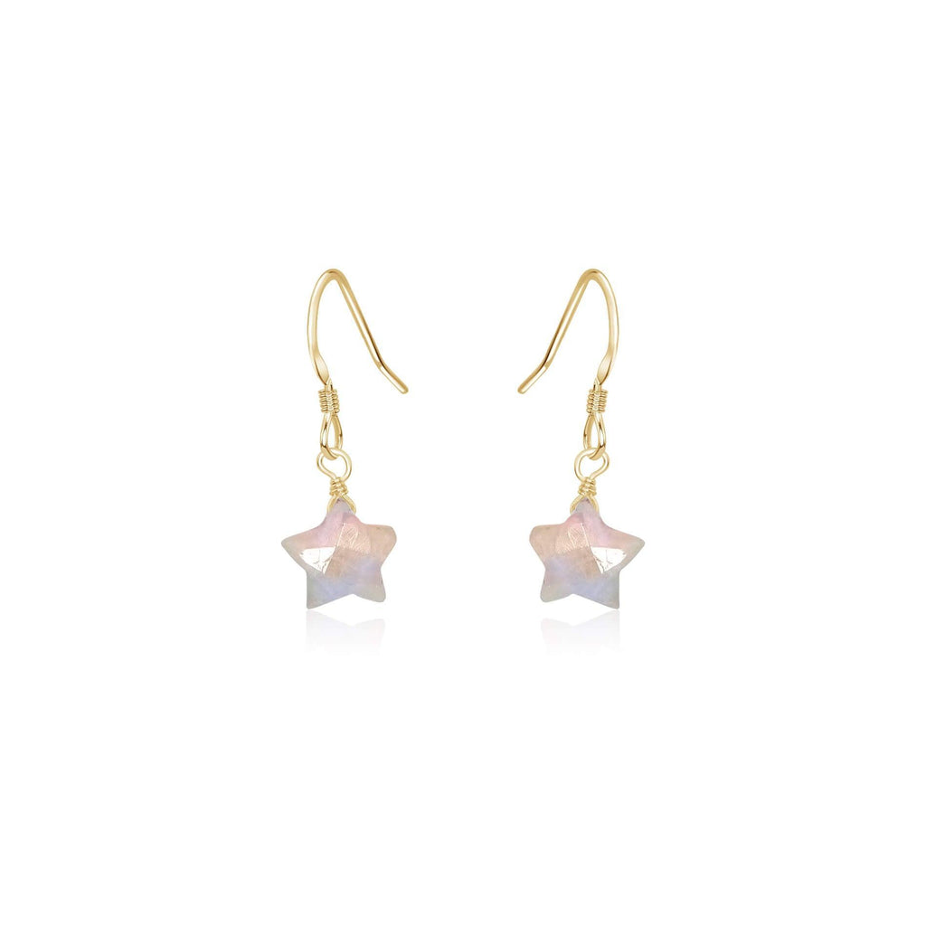 Little Rainbow Moonstone Star Dangle Drop Earrings - Little Rainbow Moonstone Star Dangle Drop Earrings - 14k Gold Fill - Luna Tide Handmade Crystal Jewellery