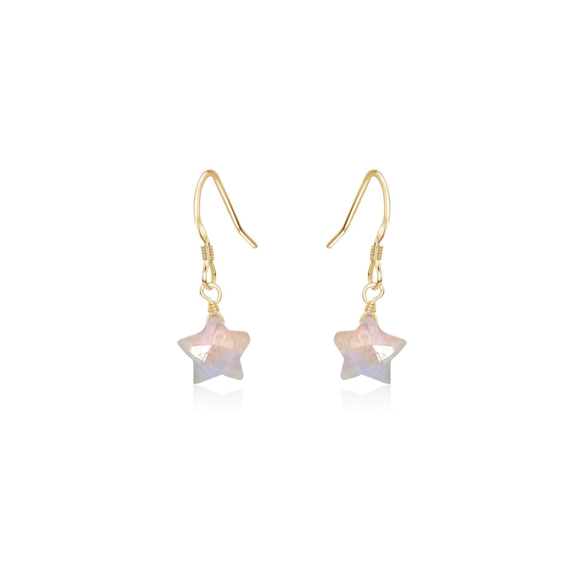 Little Rainbow Moonstone Star Dangle Drop Earrings - Little Rainbow Moonstone Star Dangle Drop Earrings - 14k Gold Fill - Luna Tide Handmade Crystal Jewellery