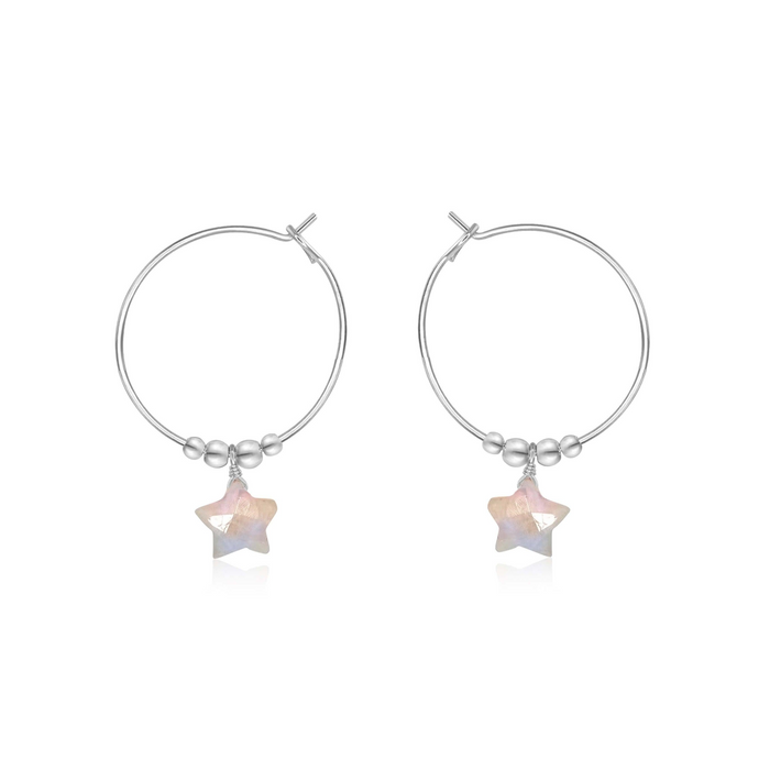 Little Rainbow Moonstone Star Hoop Earrings - Little Rainbow Moonstone Star Hoop Earrings - Sterling Silver - Luna Tide Handmade Crystal Jewellery