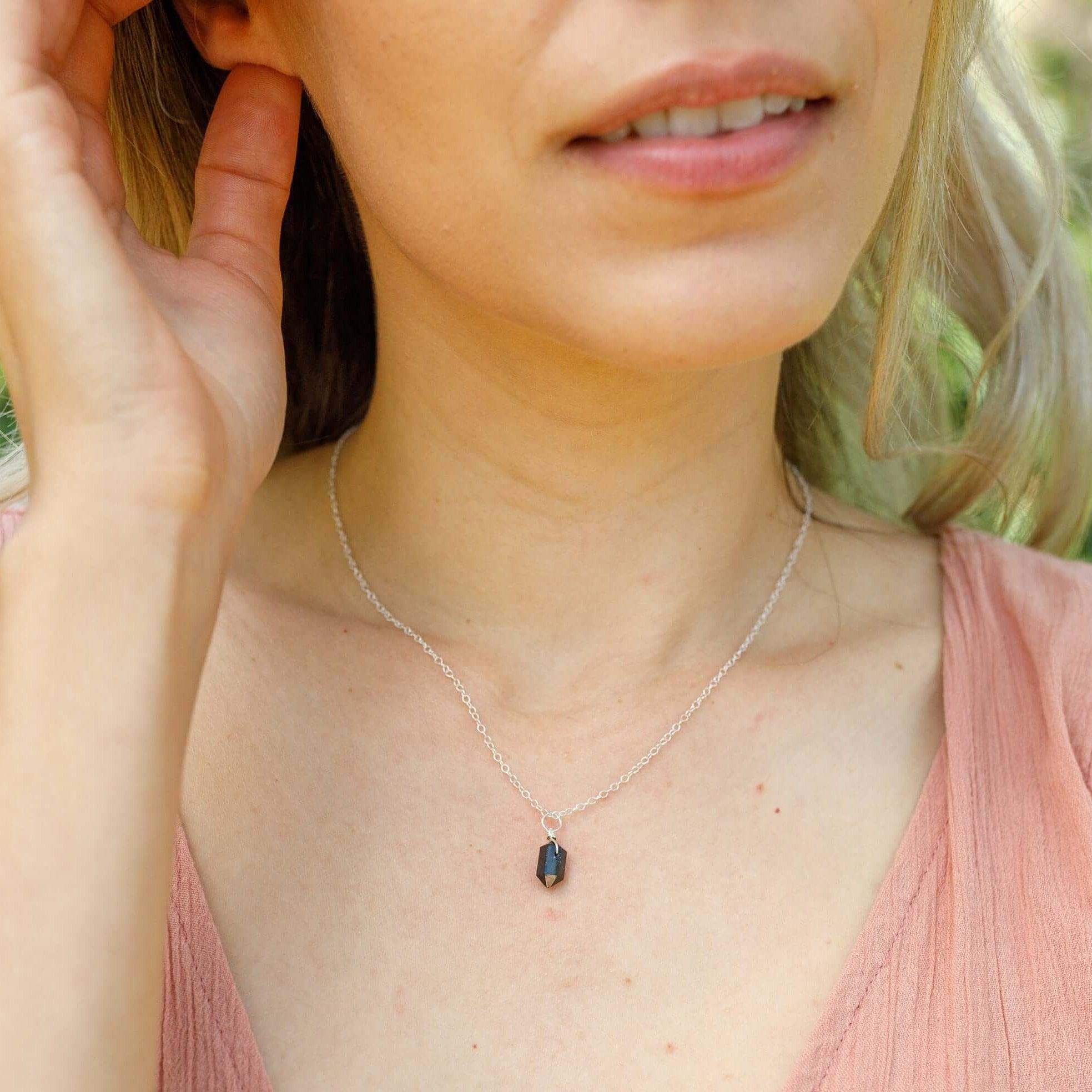 Mini Double Terminated Black Tourmaline Crystal Point Pendant Necklace - Mini Double Terminated Black Tourmaline Crystal Point Pendant Necklace - 14k Gold Fill / Satellite - Luna Tide Handmade Crystal Jewellery