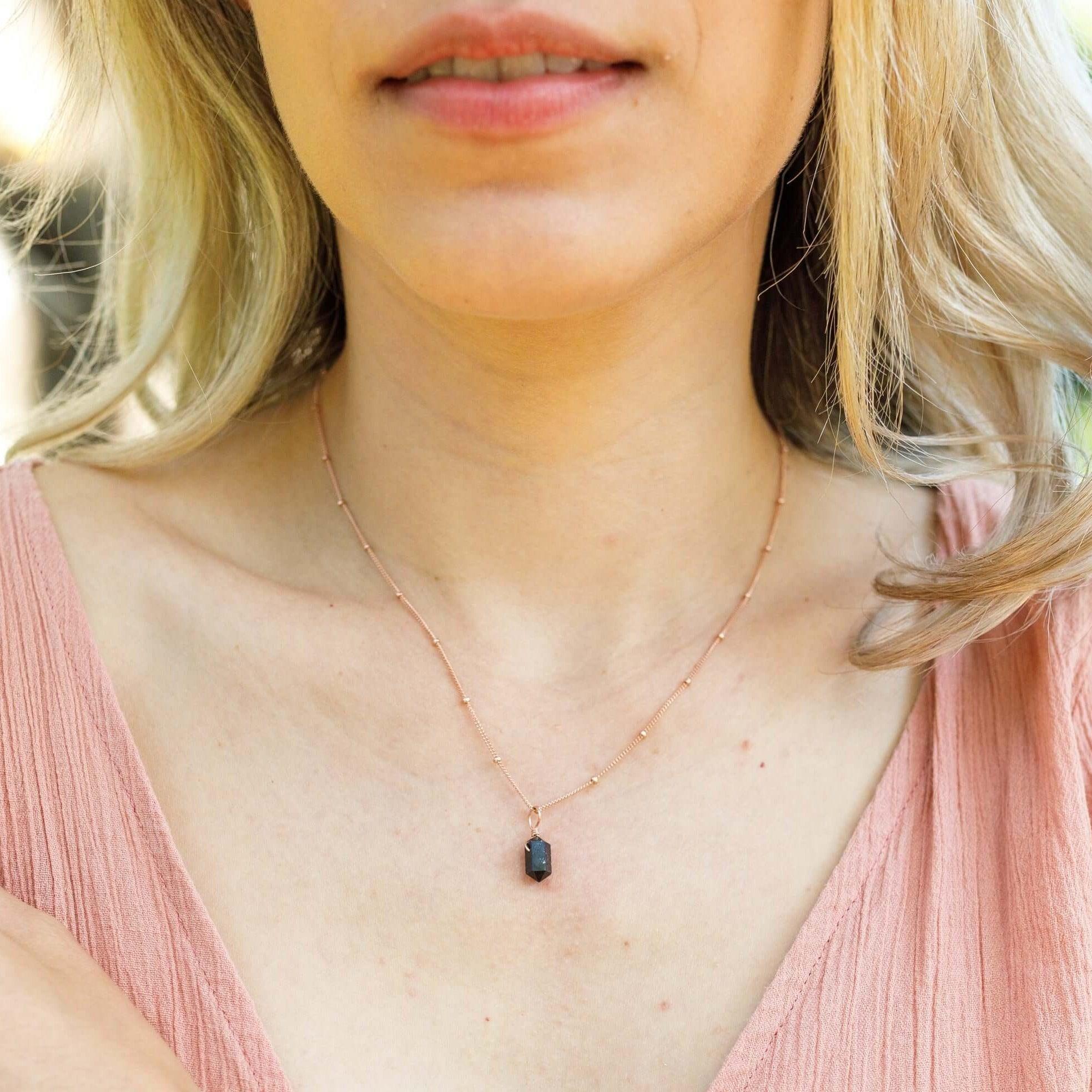 Mini Double Terminated Black Tourmaline Crystal Point Pendant Necklace - Mini Double Terminated Black Tourmaline Crystal Point Pendant Necklace - 14k Gold Fill / Satellite - Luna Tide Handmade Crystal Jewellery