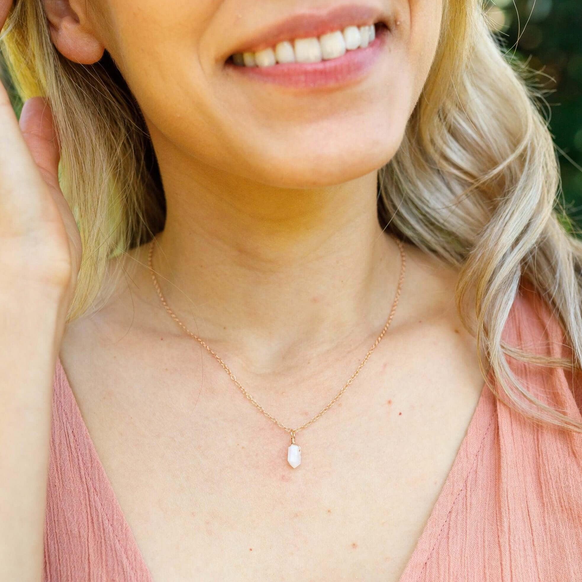 Mini Double Terminated Rainbow Moonstone Crystal Point Pendant Necklace - Mini Double Terminated Rainbow Moonstone Crystal Point Pendant Necklace - 14k Gold Fill / Satellite - Luna Tide Handmade Crystal Jewellery