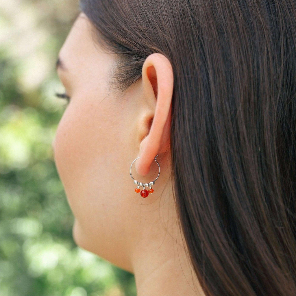 Orange Carnelian Gemstone Bead Drop Hoop Earrings - Orange Carnelian Gemstone Bead Drop Hoop Earrings - 14k Gold Fill - Luna Tide Handmade Crystal Jewellery