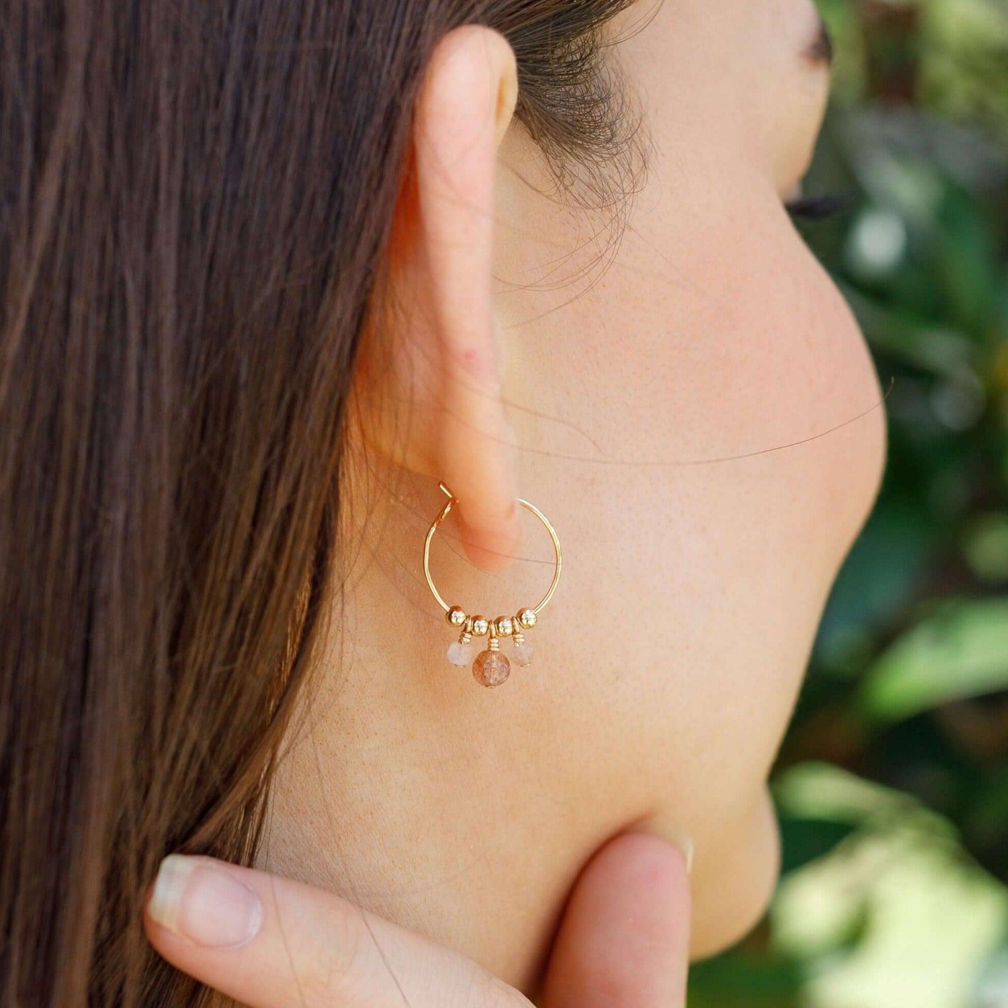 Orange Sunstone Gemstone Bead Drop Hoop Earrings - Orange Sunstone Gemstone Bead Drop Hoop Earrings - 14k Gold Fill - Luna Tide Handmade Crystal Jewellery