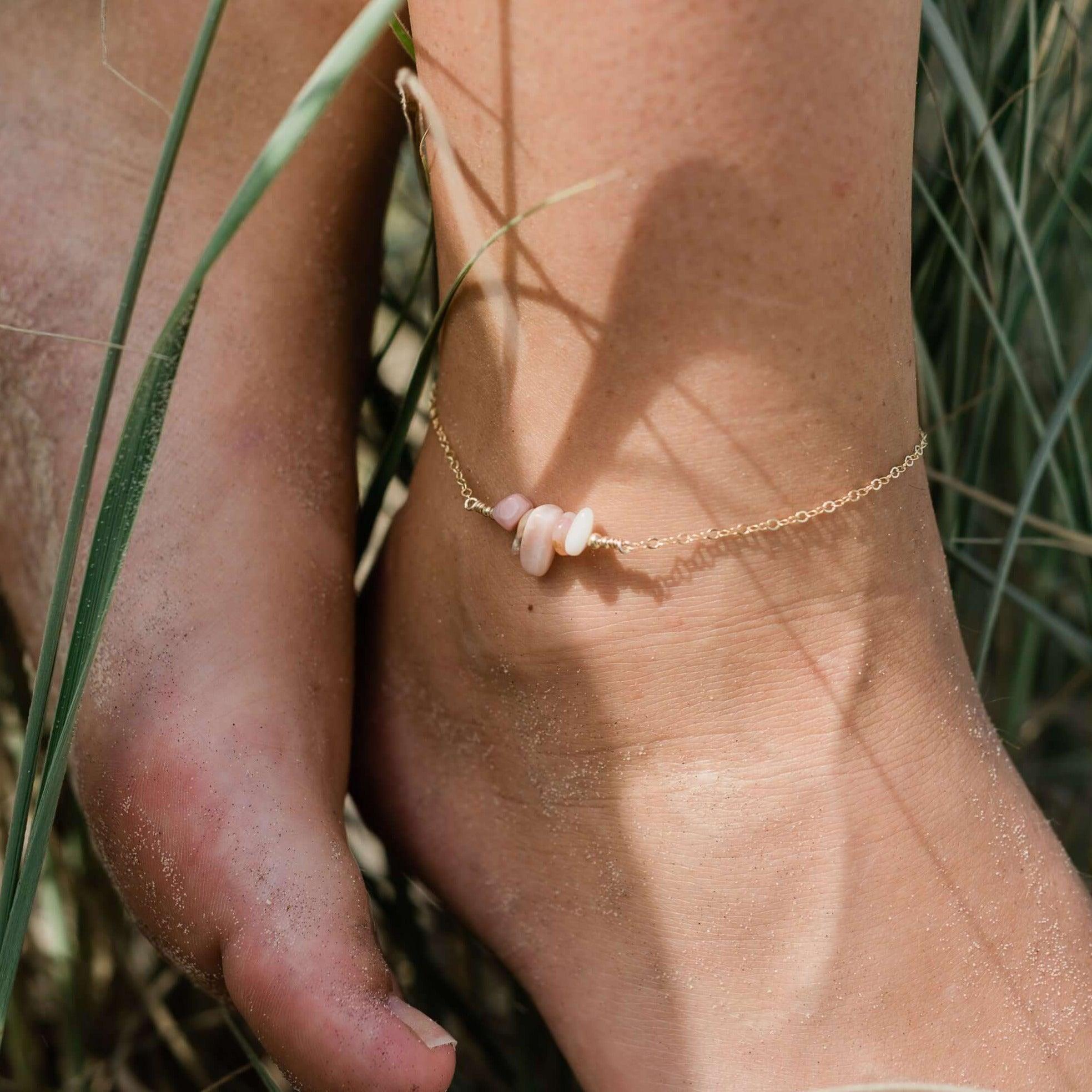 Pink Peruvian opal Chip Bead Bar Anklet - Pink Peruvian opal Chip Bead Bar Anklet - 14k Gold Fill - Luna Tide Handmade Crystal Jewellery