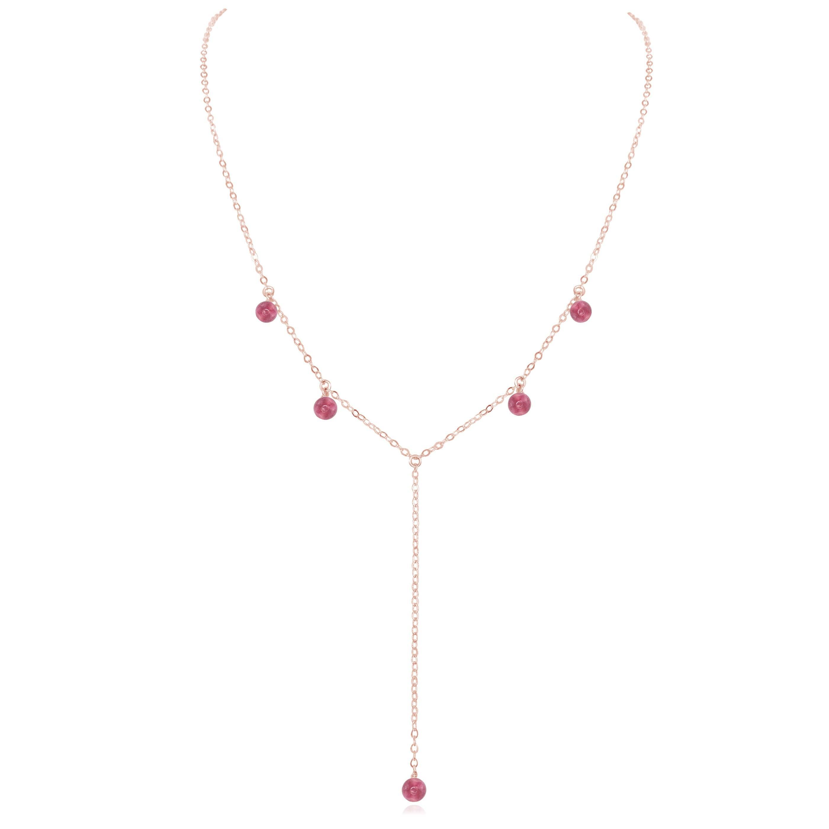 Pink Tourmaline Boho Lariat Necklace - Pink Tourmaline Boho Lariat Necklace - 14k Rose Gold Fill - Luna Tide Handmade Crystal Jewellery
