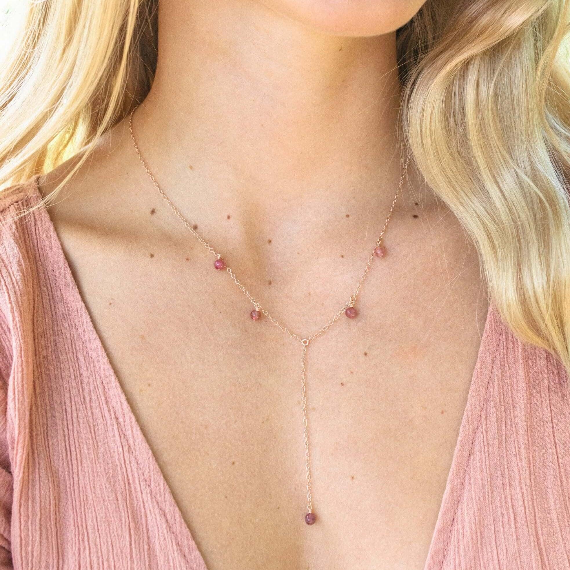 Pink Tourmaline Boho Lariat Necklace - Pink Tourmaline Boho Lariat Necklace - Sterling Silver - Luna Tide Handmade Crystal Jewellery