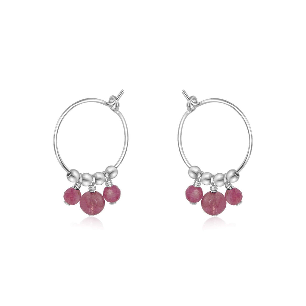 Pink Tourmaline Gemstone Bead Drop Hoop Earrings - Pink Tourmaline Gemstone Bead Drop Hoop Earrings - Sterling Silver - Luna Tide Handmade Crystal Jewellery