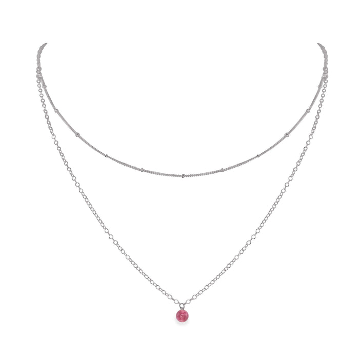 Pink Tourmaline Gemstone Chain Layered Choker Necklace - Pink Tourmaline Gemstone Chain Layered Choker Necklace - Stainless Steel - Luna Tide Handmade Crystal Jewellery