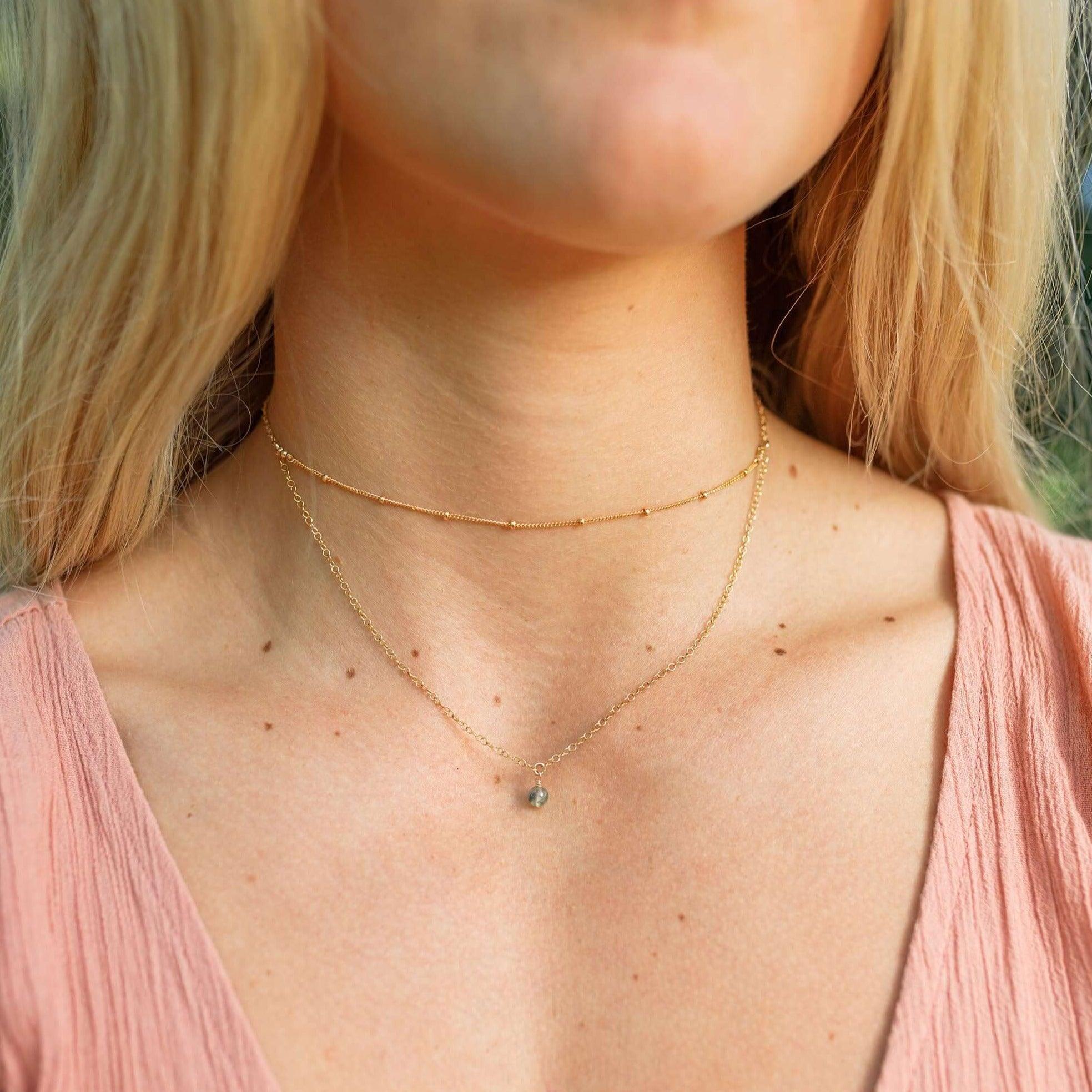 Prehnite Gemstone Chain Layered Choker Necklace - Prehnite Gemstone Chain Layered Choker Necklace - 14k Gold Fill - Luna Tide Handmade Crystal Jewellery