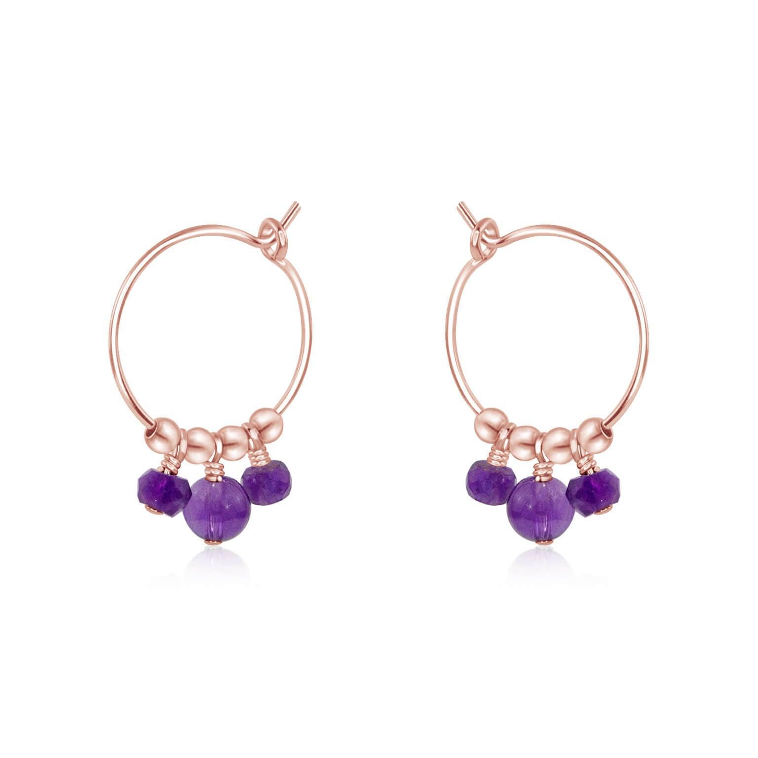 Purple Amethyst Gemstone Bead Drop Hoop Earrings - Purple Amethyst Gemstone Bead Drop Hoop Earrings - 14k Rose Gold Fill - Luna Tide Handmade Crystal Jewellery