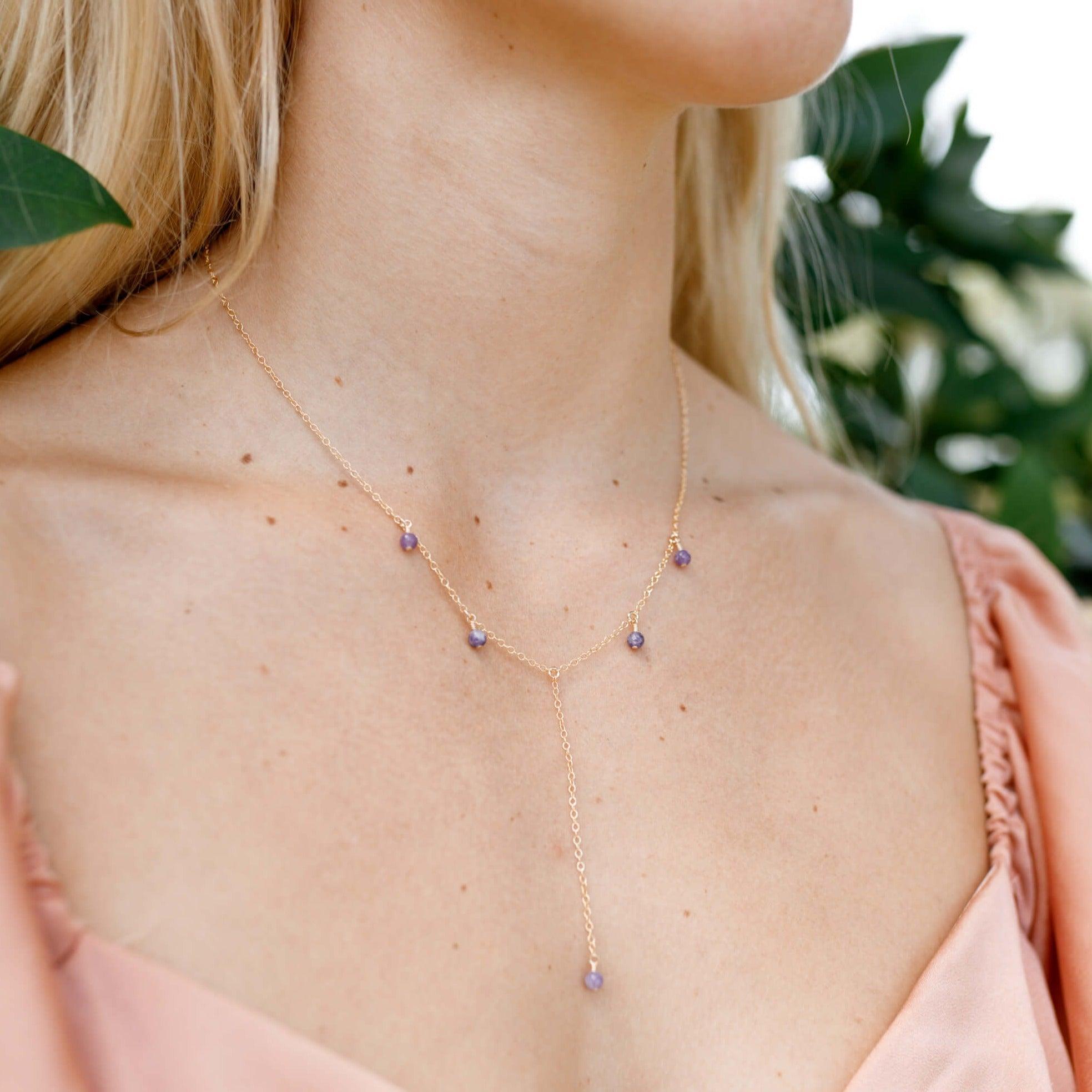 Purple Lepidolite Crystal Boho Lariat Necklace - Purple Lepidolite Crystal Boho Lariat Necklace - 14k Gold Fill - Luna Tide Handmade Crystal Jewellery