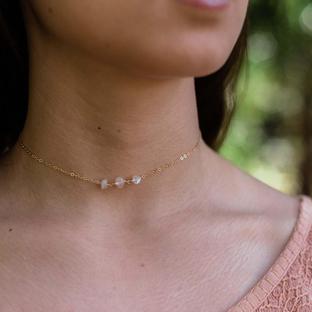 Rainbow Moonstone Beaded Chain Choker Necklace - Rainbow Moonstone Beaded Chain Choker Necklace - 14k Gold Fill - Luna Tide Handmade Crystal Jewellery