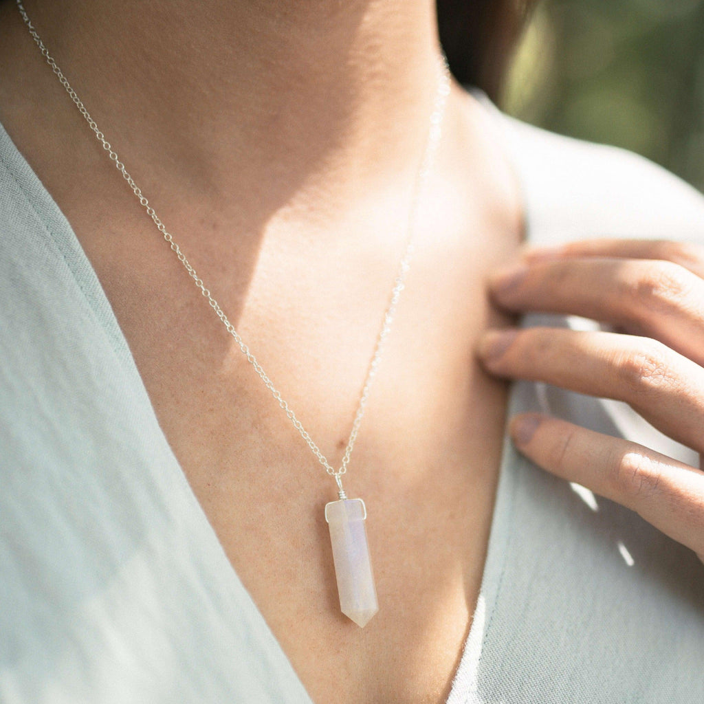 Rainbow Moonstone Crystal Generator Point Pendant Necklace - Rainbow Moonstone Crystal Generator Point Pendant Necklace - 14k Gold Fill / Cable - Luna Tide Handmade Crystal Jewellery