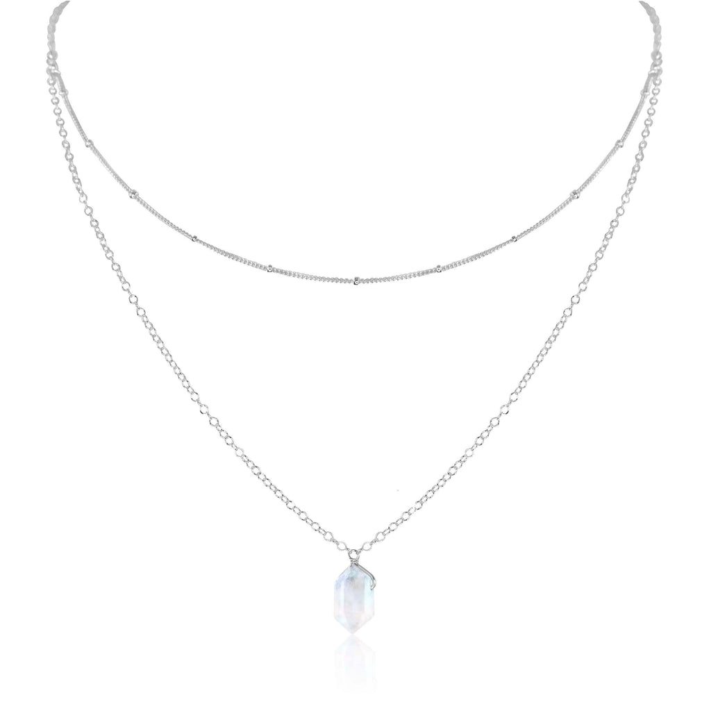 Rainbow Moonstone Double Terminated Crystal Chain Layered Choker Necklace - Rainbow Moonstone Double Terminated Crystal Chain Layered Choker Necklace - Sterling Silver - Luna Tide Handmade Crystal Jewellery