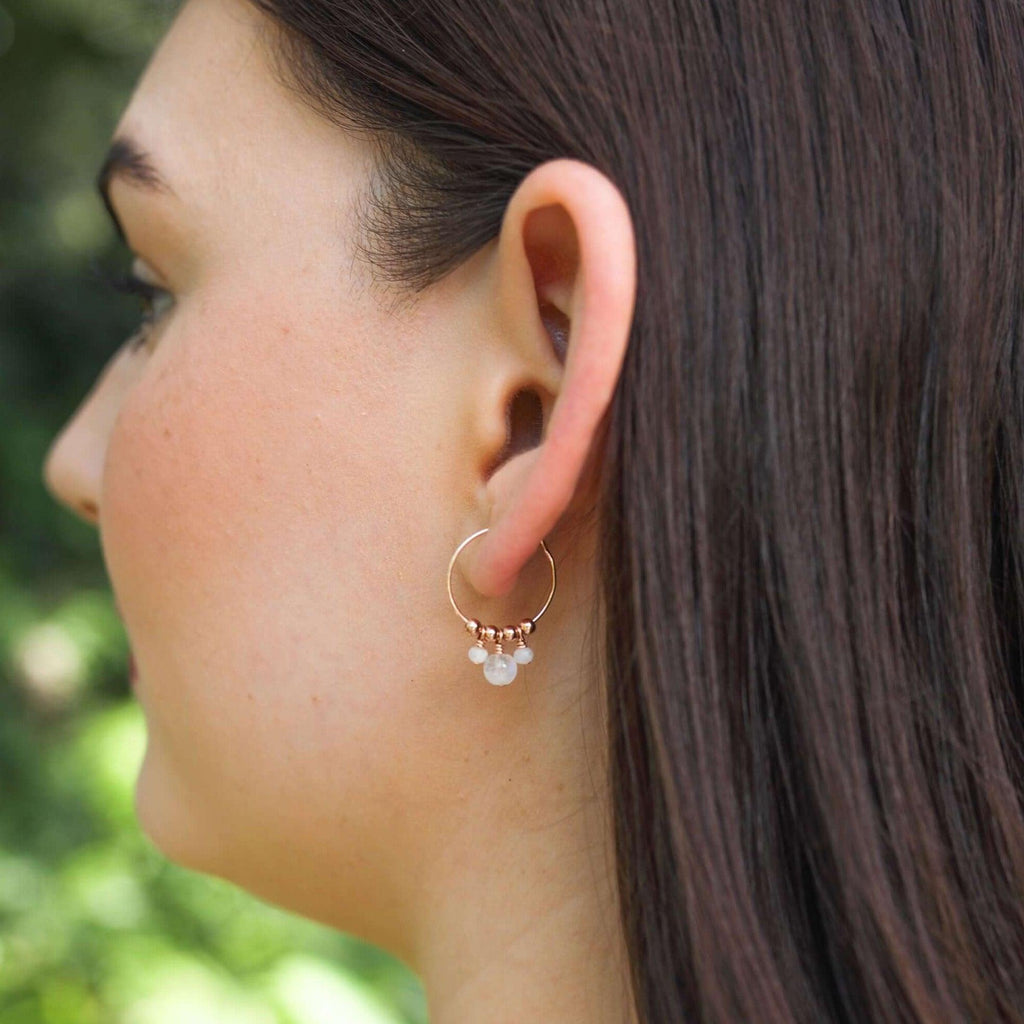 Rainbow Moonstone Gemstone Bead Drop Hoop Earrings - Rainbow Moonstone Gemstone Bead Drop Hoop Earrings - 14k Gold Fill - Luna Tide Handmade Crystal Jewellery