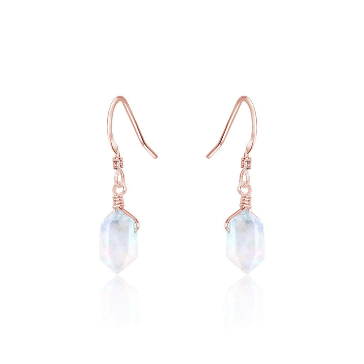Double Terminated Crystal Dangle Drop Earrings - Rainbow Moonstone - 14K Rose Gold Fill - Luna Tide Handmade Jewellery