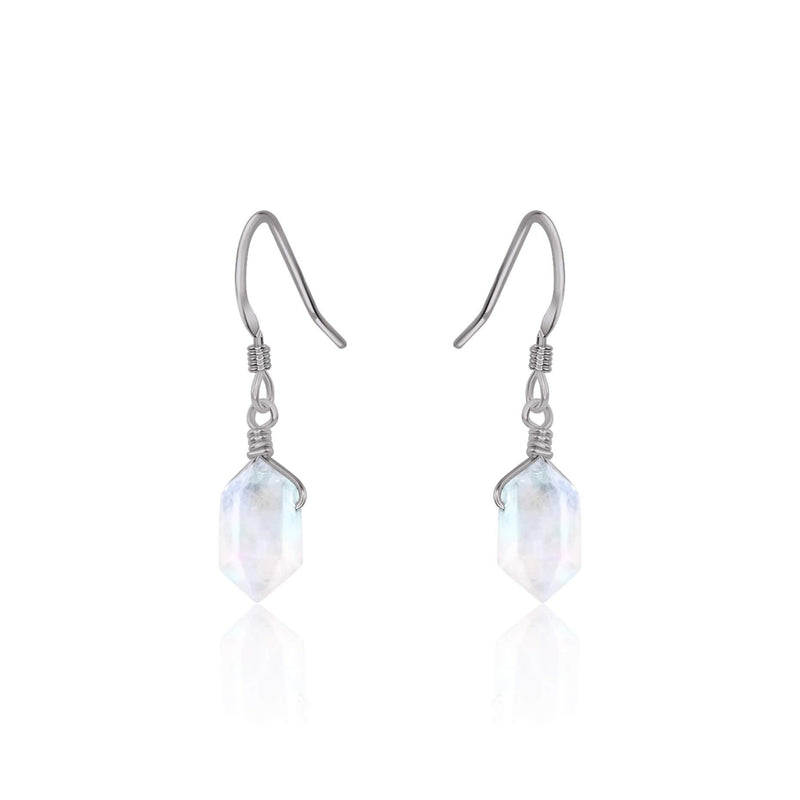 Double Terminated Crystal Dangle Drop Earrings - Rainbow Moonstone - Stainless Steel - Luna Tide Handmade Jewellery
