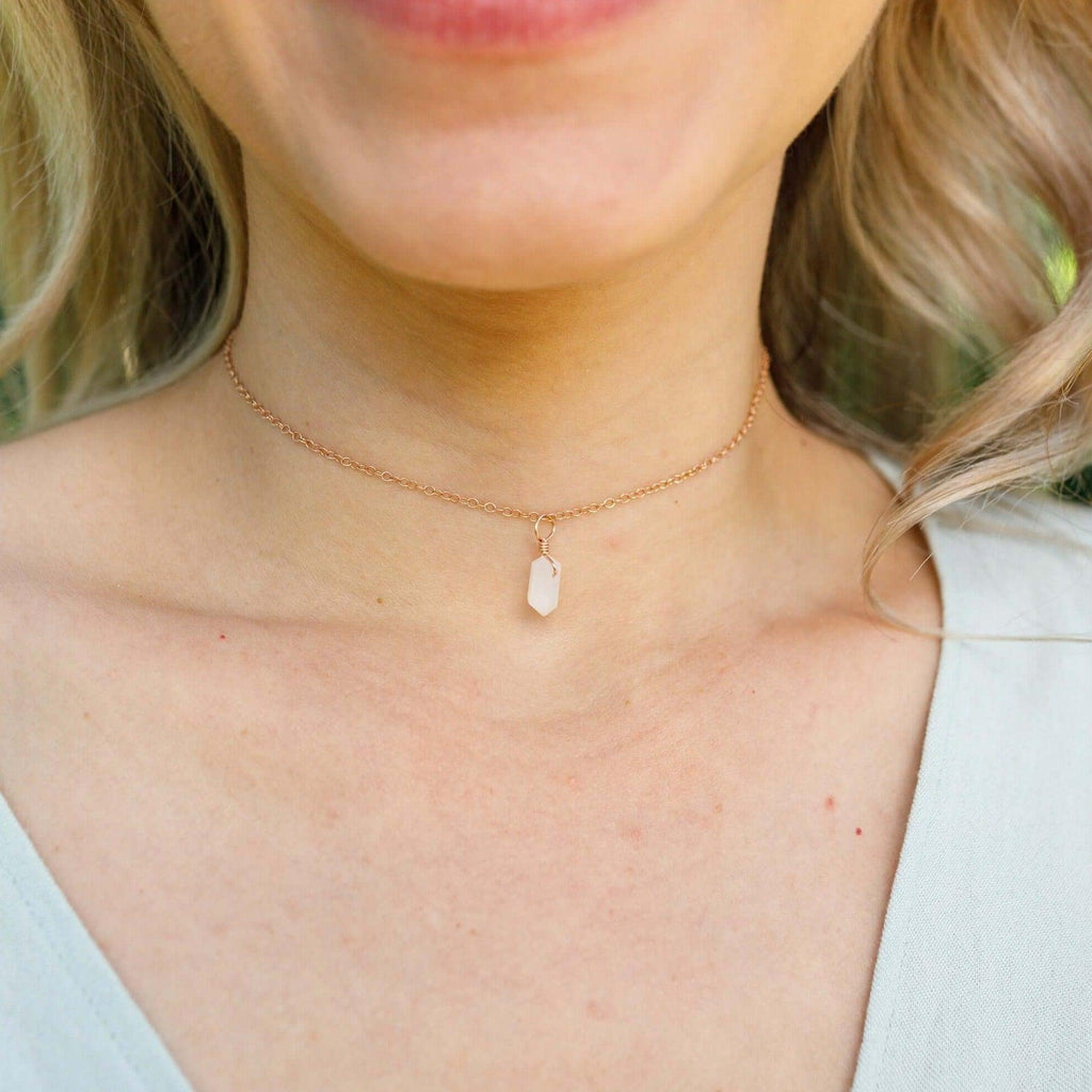 Rainbow Moonstone Mini Double Terminated Crystal Point Pendant Choker Necklace - Rainbow Moonstone Mini Double Terminated Crystal Point Pendant Choker Necklace - Sterling Silver / Cable - Luna Tide Handmade Crystal Jewellery