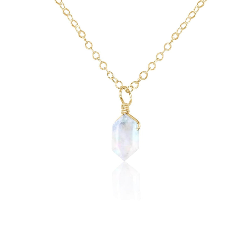 Rainbow Moonstone Mini Double Terminated Crystal Point Pendant Necklace - Rainbow Moonstone Mini Double Terminated Crystal Point Pendant Necklace - 14k Gold Fill / Cable - Luna Tide Handmade Crystal Jewellery