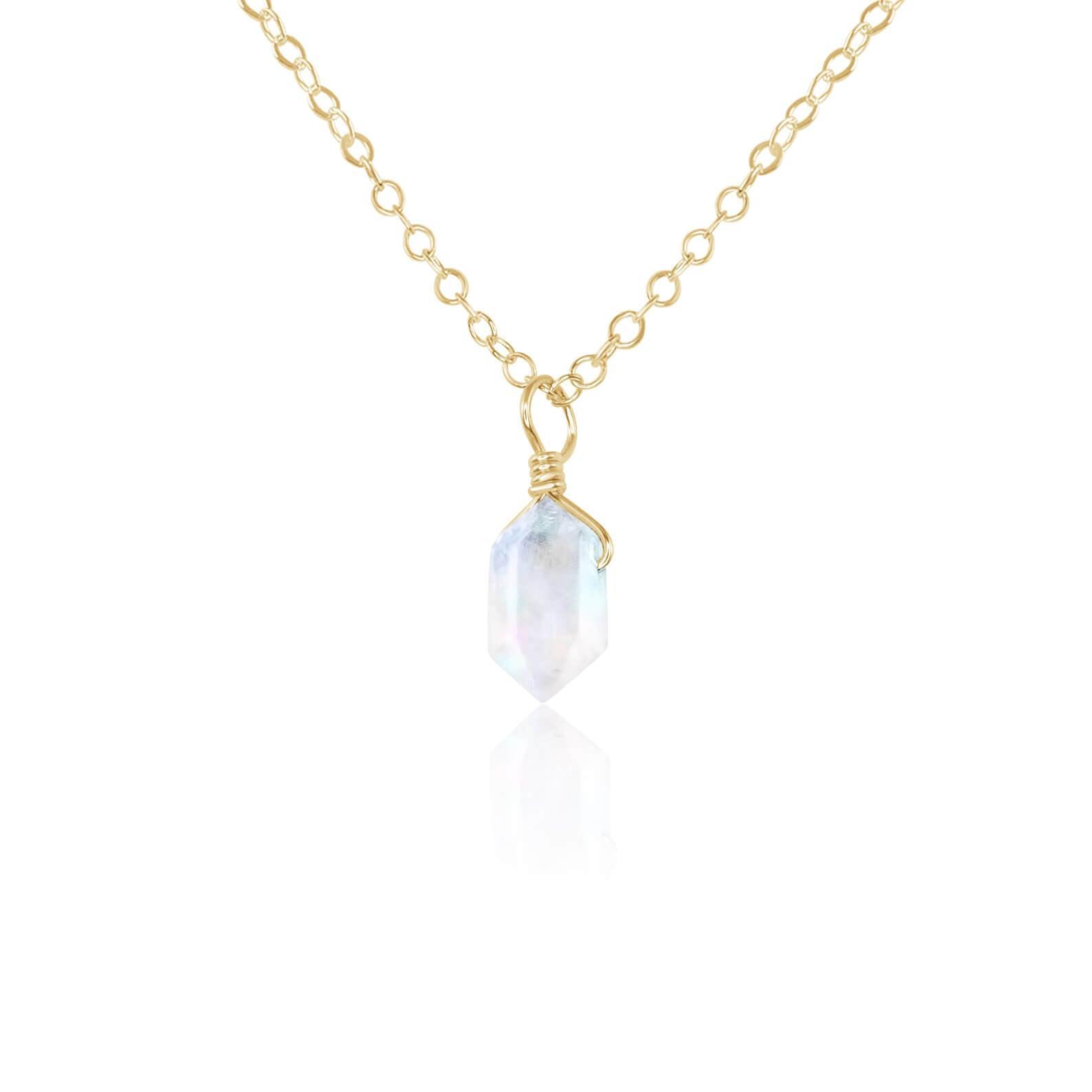 Rainbow Moonstone Mini Double Terminated Crystal Point Pendant Necklace - Rainbow Moonstone Mini Double Terminated Crystal Point Pendant Necklace - 14k Gold Fill / Cable - Luna Tide Handmade Crystal Jewellery