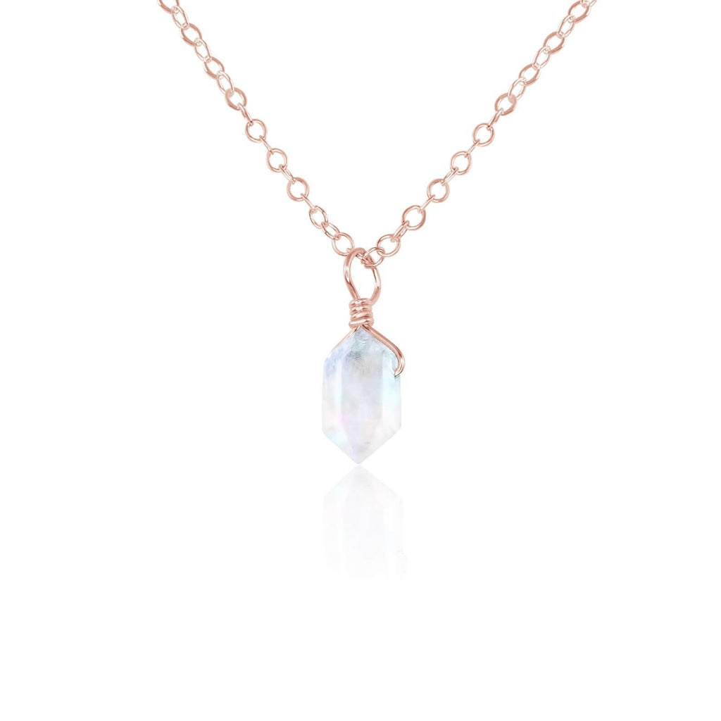 Rainbow Moonstone Mini Double Terminated Crystal Point Pendant Necklace - Rainbow Moonstone Mini Double Terminated Crystal Point Pendant Necklace - 14k Rose Gold Fill / Cable - Luna Tide Handmade Crystal Jewellery